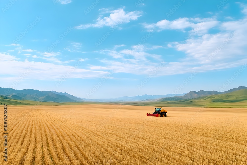 Obraz premium Aerial View of Harvester Working in Golden Wheat Field During Harvest Season in Chinese Countryside