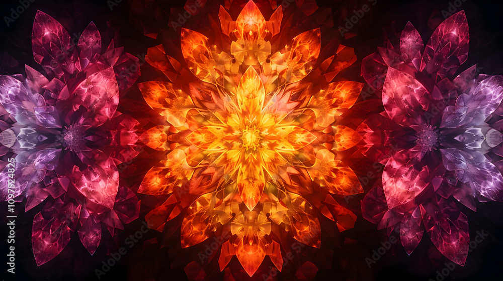Symmetrical abstract art with vibrant red, orange, and purple crystal formations. Symmetrical abstract art with vibrant red, orange, and purple crystal formations.