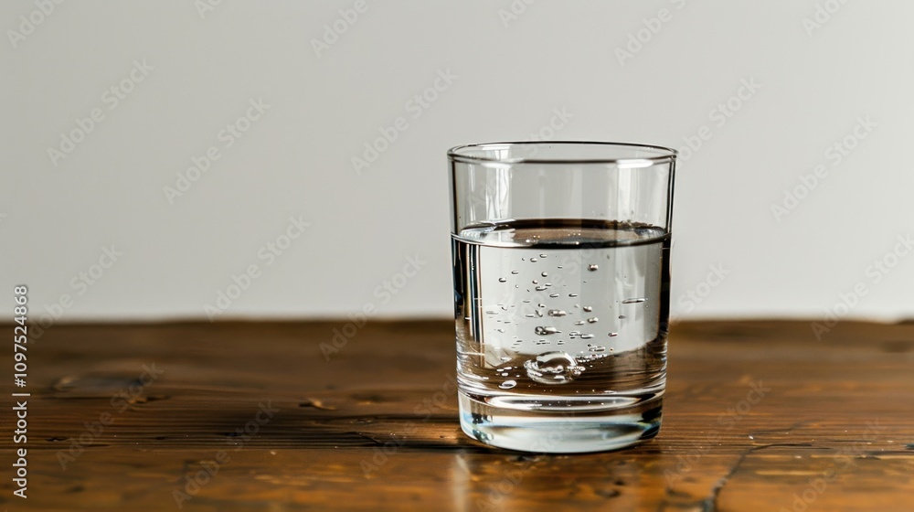 A clear glass of water is placed on a simple wooden table, a plain white background. A clear glass of water is placed on a simple wooden table, a plain white background.