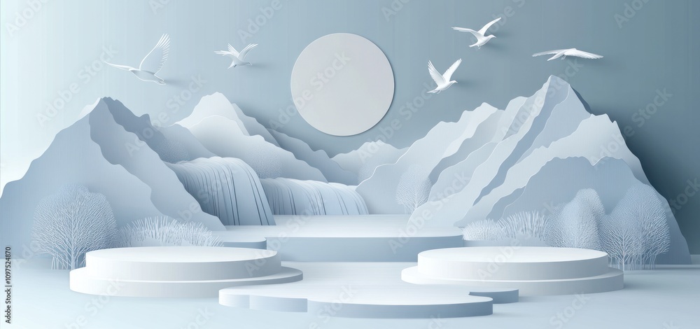 A serene landscape with mountains, a waterfall, and a minimalist design. A serene landscape with mountains, a waterfall, and a minimalist design.