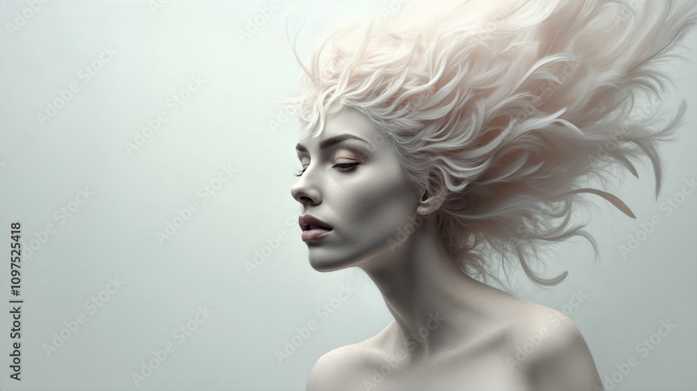 An enigmatic portrait of a mysterious woman or goddess looking downward. Bare shoulders. Hair blowing in the wind. Pale skin. Three-quarter profile. Dreamy atmosphere. An enigmatic portrait of a mysterious woman or goddess looking downward. Bare shoulders. Hair blowing in the wind. Pale skin. Three-quarter profile. Dreamy atmosphere.