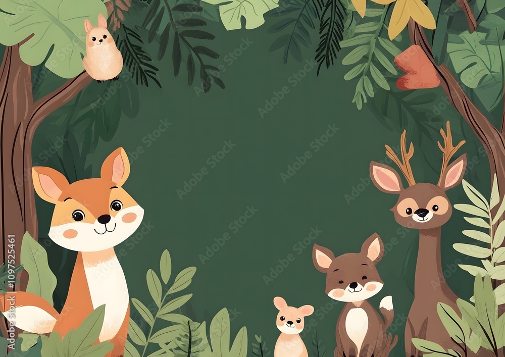 Obraz premium Cute forest animals in lush green foliage with empty space.