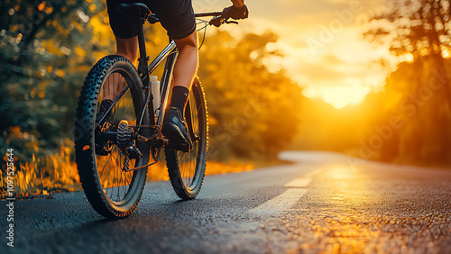 A young man rides a mountain bike on a road at sunset, a close-up photo of a person's feet, a quiet road, real, realistic. 