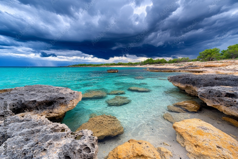 A dramatic depiction of an azure sea under a stormy sky, with dark clouds swirling ominously above A dramatic depiction of an azure sea under a stormy sky, with dark clouds swirling ominously above