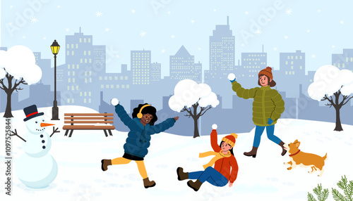 Fun winter day in the park with friends playing in the snow and building a snowman