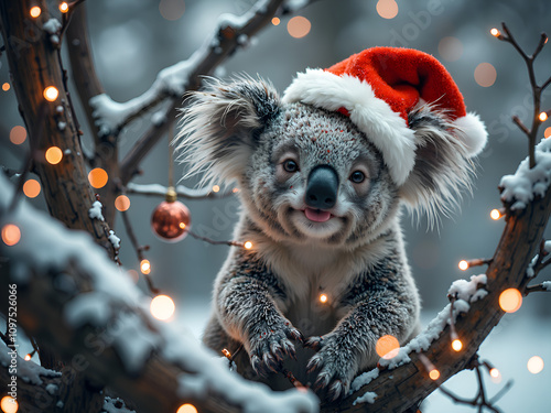 Festive koala relaxing in a snowy wonderland with holiday decorations, digital art of wildlife portrait concept. photo