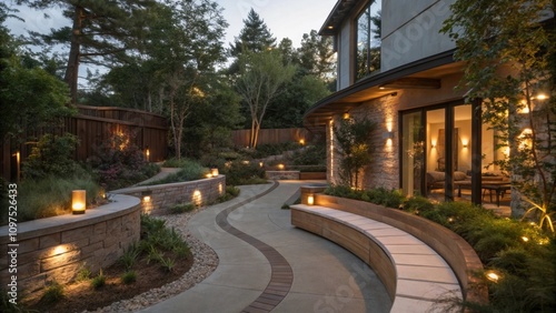 This enchanting pathway showcases a blend of rustic charm and modern design with curved seating carved into the landscape. Discreet lighting fixtures embedded in the surrounding