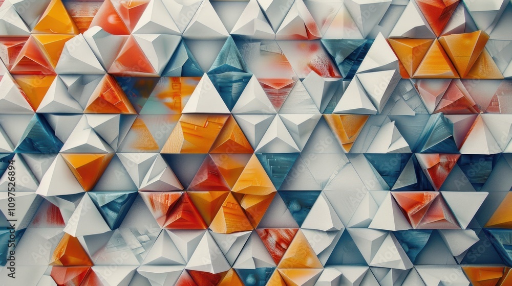 A graphic pattern of multicolored triangles arranged on a light gray background A graphic pattern of multicolored triangles arranged on a light gray background