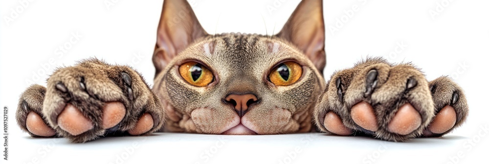 Fototapeta premium A close-up of a cat's face and paws resting on a surface, showcasing its curious expression.