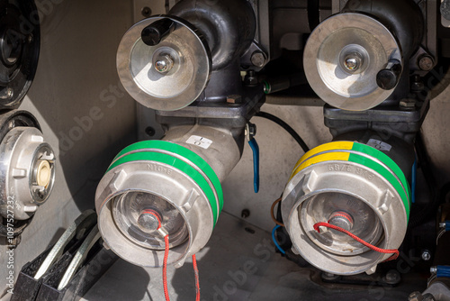 Close-up of Connections for fire hoses on a German fire engine