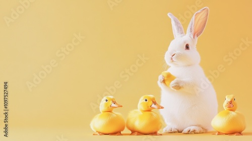 Wallpaper Mural A playful scene with a white rabbit and three yellow ducklings against a bright yellow background. Torontodigital.ca