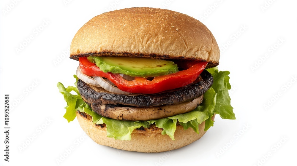 A perfectly assembled veggie burger with a whole wheat bun, black bean patty, lettuce A perfectly assembled veggie burger with a whole wheat bun, black bean patty, lettuce
