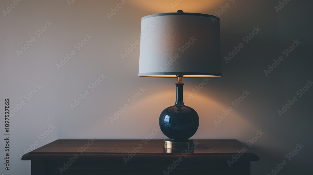 A minimalist black table lamp on a plain wooden table, with a clean white background. A minimalist black table lamp on a plain wooden table, with a clean white background.