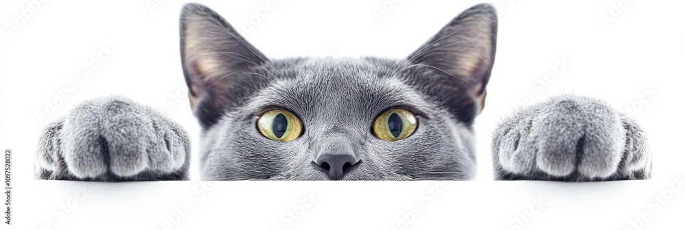 Fototapeta premium A curious gray cat peeking over a surface, showcasing its playful nature.