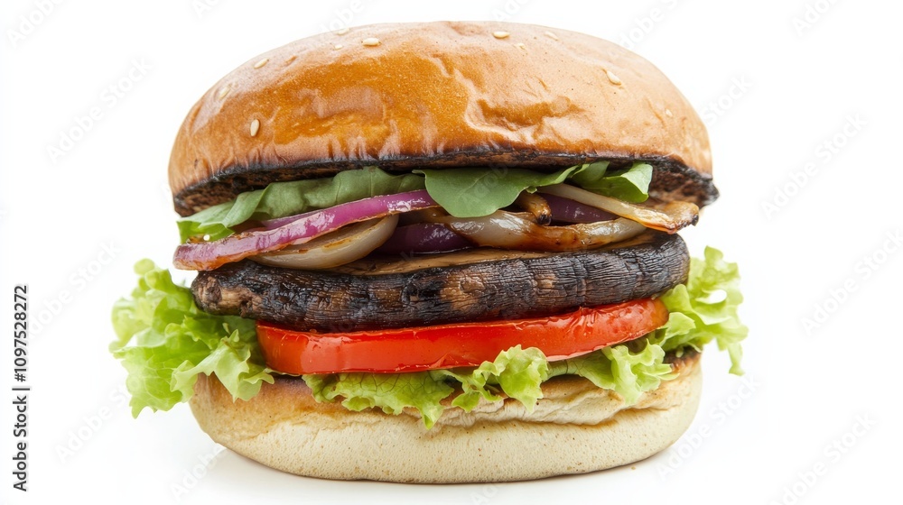 A perfectly assembled veggie burger with a whole wheat bun, black bean patty, lettuce A perfectly assembled veggie burger with a whole wheat bun, black bean patty, lettuce