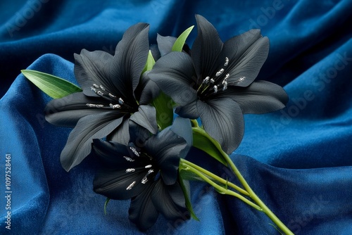 A gothic-inspired bouquet of black azaleas with silver accents, placed on a velvet cloth in a shadowy room photo