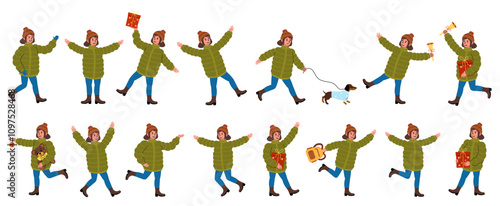 Girl joyfully celebrating and engaging in festive activities while wearing a green coat