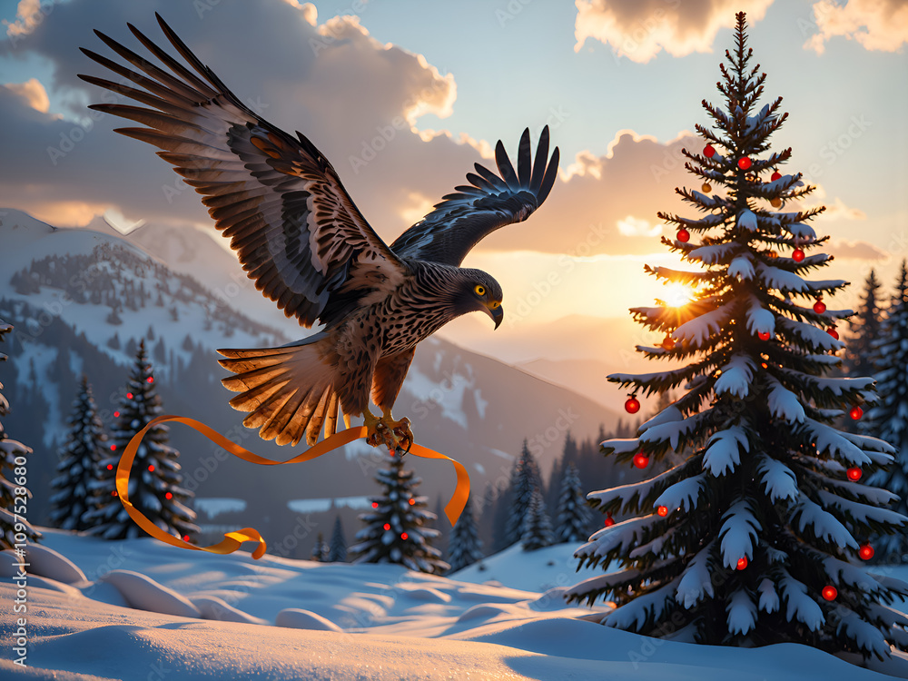Obraz premium Majestic hawk soars over snowy landscape with festively decorated pine trees, digital painting of nature and wildlife concept.