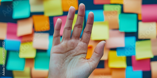 A hand reaching out to a wall covered with colorful sticky notes, symbolizing collaboration, creativity, and the process of sharing ideas in a vibrant and engaging environment. photo