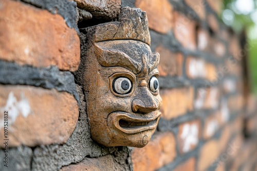 A hyper-realistic close-up of intricate carvings on an Ayutthaya temple, capturing every detail of weathered stone and moss photo