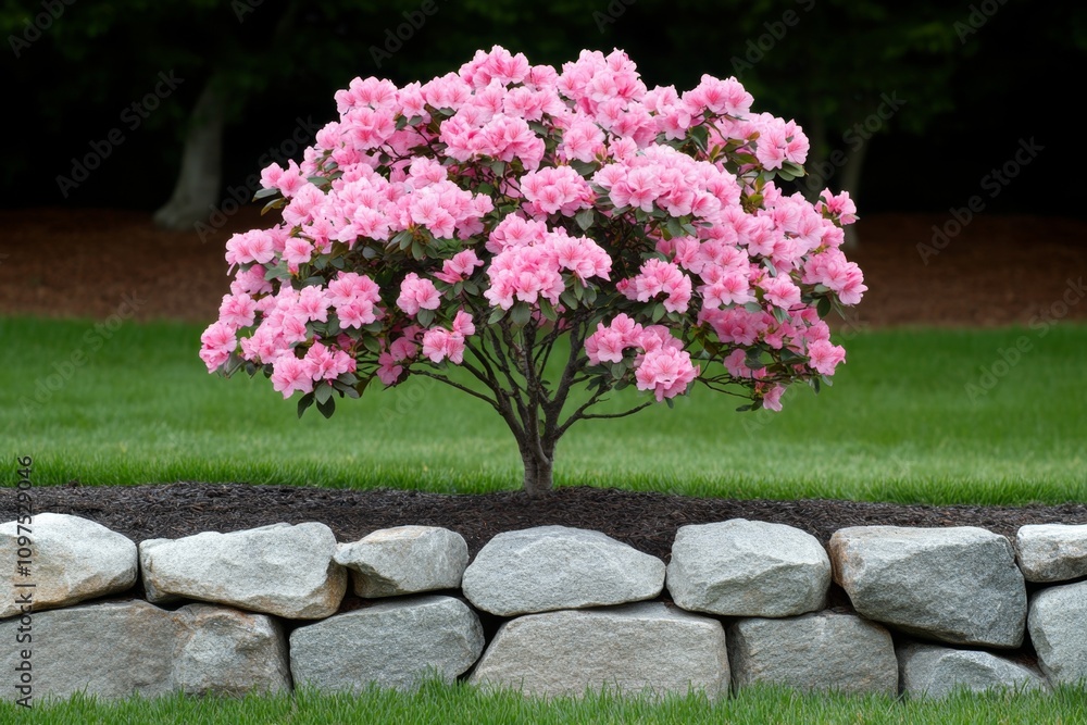 Obraz premium A large azalea bush in full bloom beside an old stone wall, blending rustic charm with vibrant color