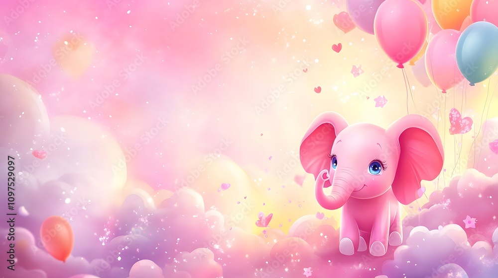Cute pink elephant sitting on clouds with balloons and hearts in a dreamy sky. Cute pink elephant sitting on clouds with balloons and hearts in a dreamy sky.