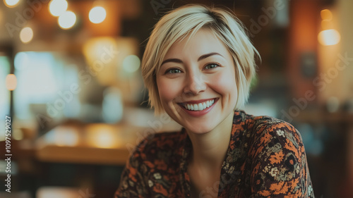 カフェで笑顔の日本人女性