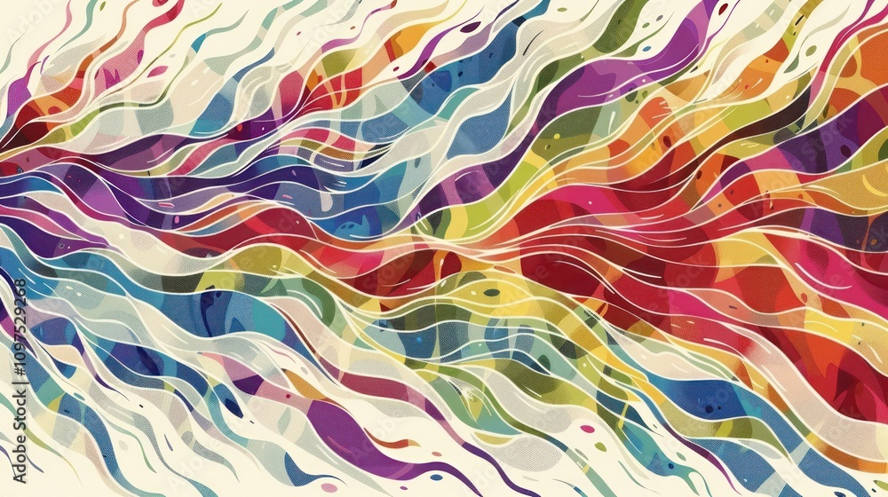 A rainbow abstract graphic pattern spread across a simple light gray background. A rainbow abstract graphic pattern spread across a simple light gray background.