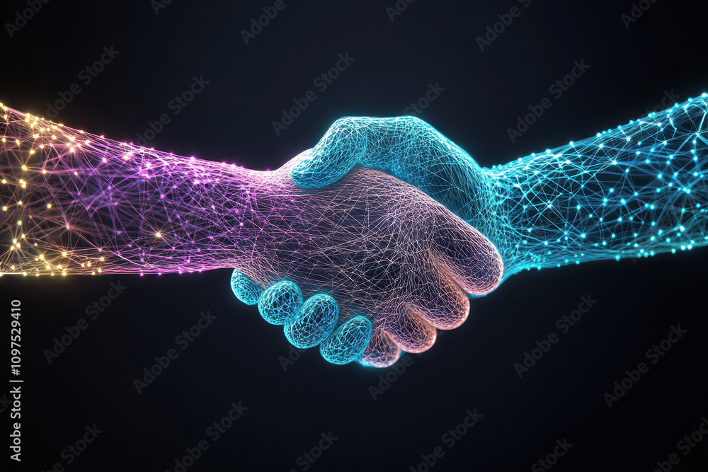An image of two digital hands shaking in a business deal An image of two digital hands shaking in a business deal