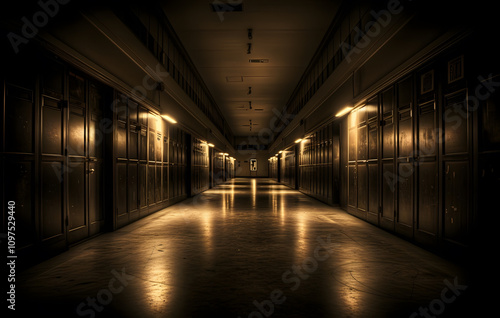 Lockers, storage cabinets in schools in the evening with no people.