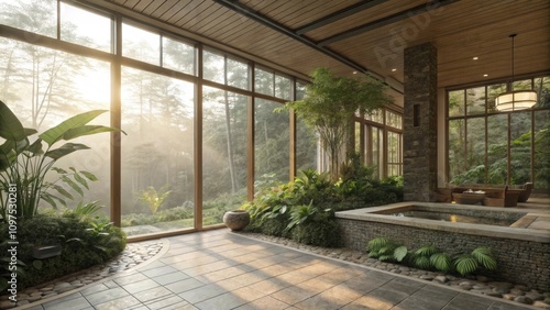 Sunlight filters through oversized windows illuminating the shimmering tiles and the rich textures of the plant life enhancing the soothing atmosphere of the gardeninspired