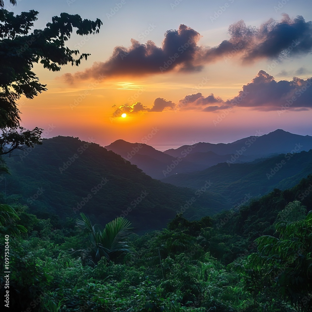 Vibrant sunset over lush, layered mountains. Vibrant sunset over lush, layered mountains.