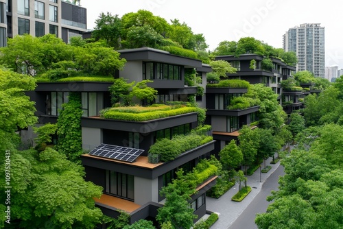 Contemporary architecture of a sustainable building with a green roof, solar panels, and integrated water systems