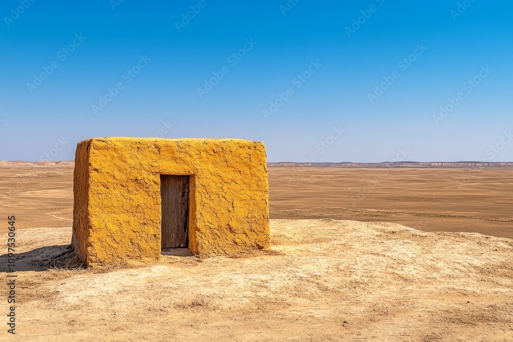 Desert architecture of a traditional adobe house, blending seamlessly into the arid landscape under a blazing sun Desert architecture of a traditional adobe house, blending seamlessly into the arid landscape under a blazing sun