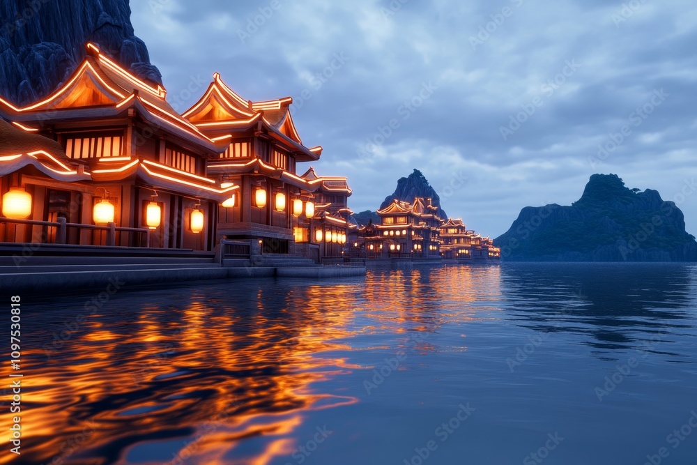 Naklejka premium Fantasy Asian-inspired floating city with glowing lanterns, mystical dragons, and a serene sky reflecting in calm waters