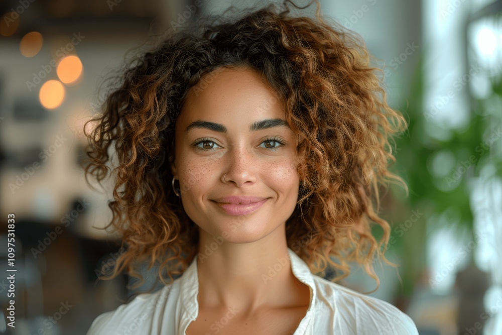 Close up portrait of beautiful smiling Latin American woman with curly hair, businesswoman in modern office Close up portrait of beautiful smiling Latin American woman with curly hair, businesswoman in modern office