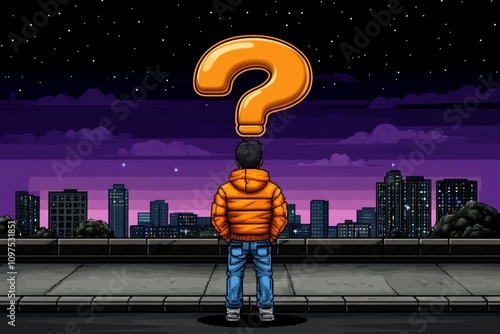 Pixel art depiction of questions as animated question marks floating over a characterâ€™s head in a retro-style video game scene photo