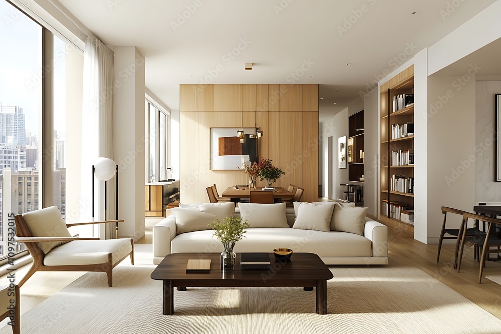 Fototapeta premium Luxurious 3D Rendering of a Modern Living Room Featuring a Stylish Sofa and Elegant Wall Frames