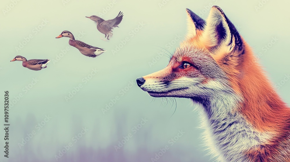 Obraz premium A fox gazes thoughtfully as ducks fly in the distance, highlighting nature's beauty and dynamics.