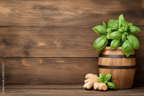 A rustic kitchen featuring Ayurvedic ingredients like ginger, honey, and basil placed neatly on a wooden counter