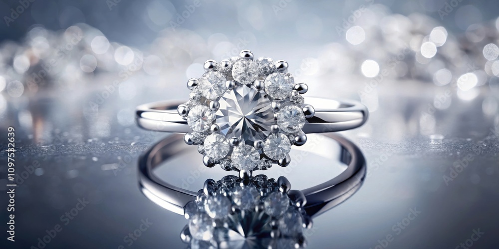 Sparkling Diamond Ring with Halo Setting on Reflective Surface Sparkling Diamond Ring with Halo Setting on Reflective Surface