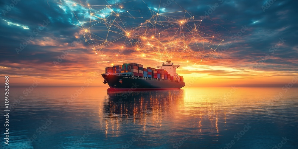A container ship sails through calm waters at sunset with a digital network worldmap, created by ai A container ship sails through calm waters at sunset with a digital network worldmap, created by ai