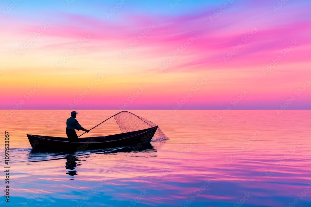 Obraz premium A serene shot of a lone fisherman casting a net in the calm waters of the Caspian Sea at dawn