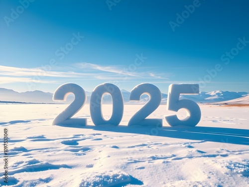 Wallpaper Mural The word of 2025 from snow on the snow field with blue sky and mountain. Torontodigital.ca