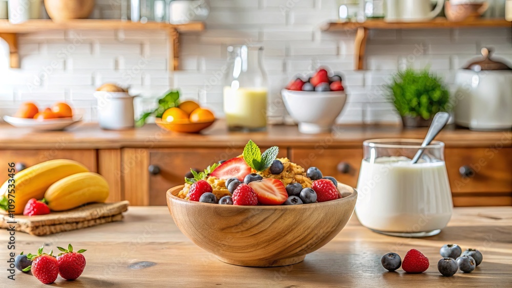 A healthy and delicious breakfast of oatmeal topped with fresh berries in a wooden bowl, served with a side of yogurt A healthy and delicious breakfast of oatmeal topped with fresh berries in a wooden bowl, served with a side of yogurt