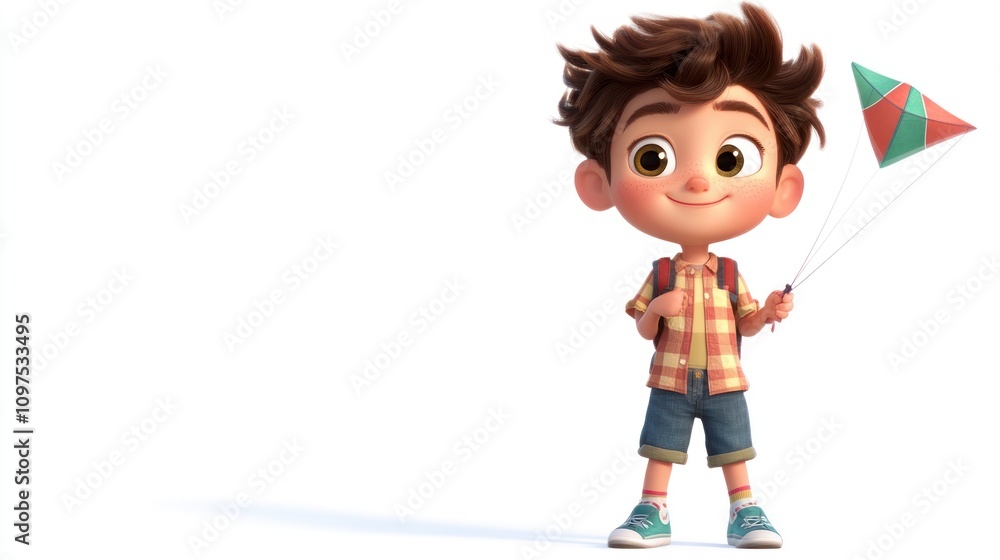 A cheerful cartoon boy holding a kite, ready for outdoor fun. A cheerful cartoon boy holding a kite, ready for outdoor fun.