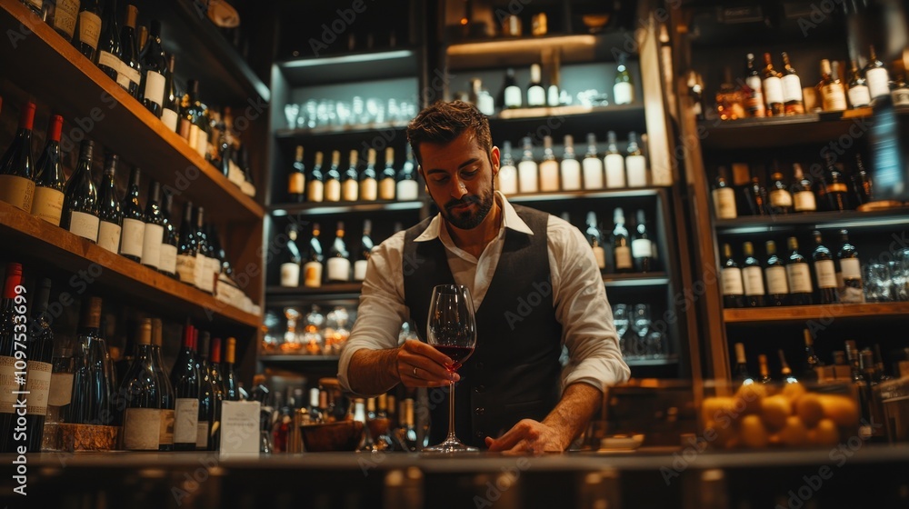 Bartender pouring red wine into a glass in a sophisticated wine bar backdrop shelves stocked with fine wines Bartender pouring red wine into a glass in a sophisticated wine bar backdrop shelves stocked with fine wines