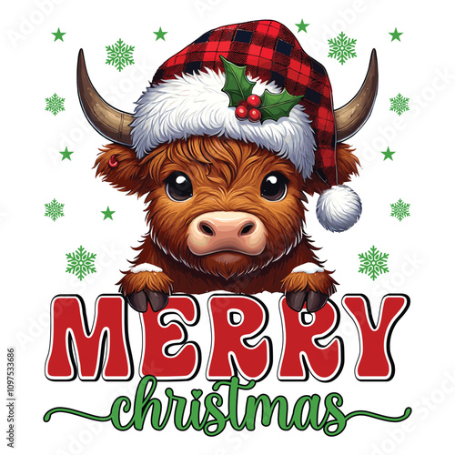 Cute Highland Cow in Christmas Hat with Merry Christmas Text