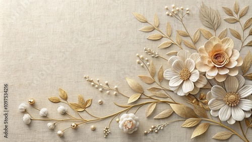 Elegant gold and ivory floral arrangement on textured beige background