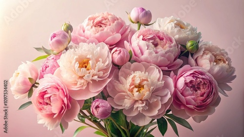 A breathtaking bouquet of delicate pink and creamy white peonies, showcasing their lush petals and vibrant blooms